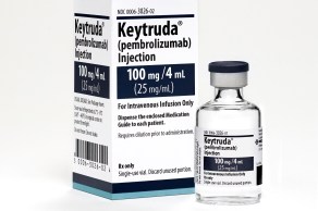 Box of Keytruda with vial sitting next to it