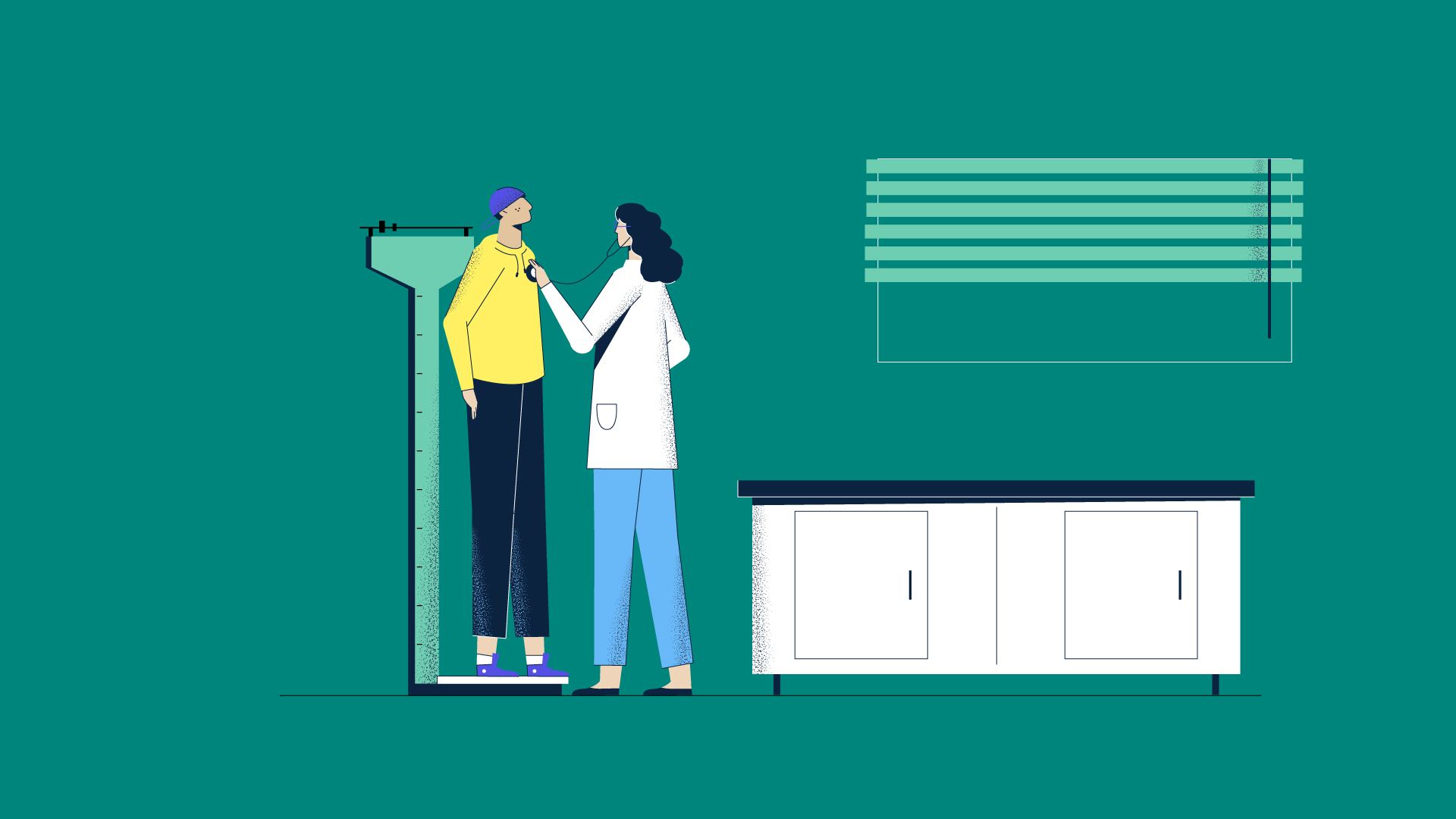 illustration of doctor using stethoscope on a patient while measuring the weight