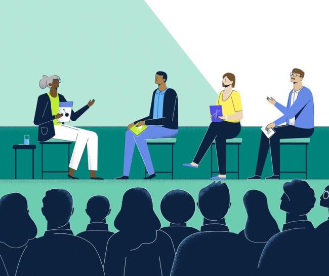 Illustration of leaders speaking on stage