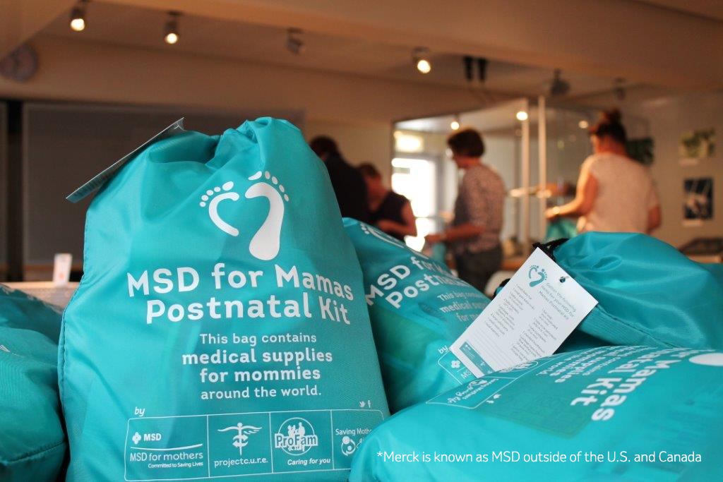 teal bag that contains supplies for expectant mothers