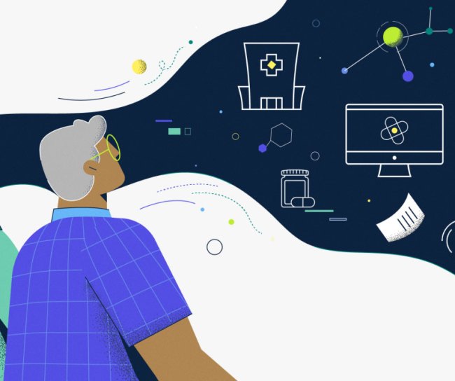 illustration of man and woman looking at various forms of health information