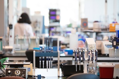 photo of a lab with equipment and the back of a scientist working in the background