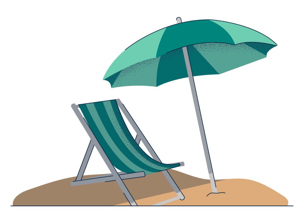 illustration of beach chair and umbrella on sand