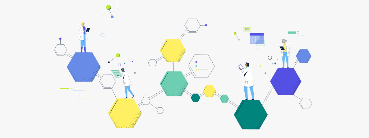 illustration of people on top of hexagon shapes
