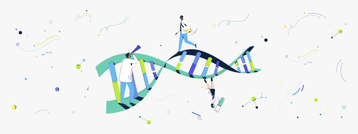 Illustration of helix with scientists