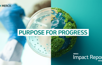 image of half of a petri dish and half of an earth merged to make a full circle. Text on top says "Purpose for Progress Impact Report"