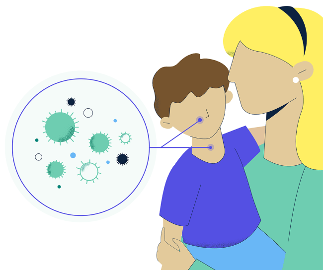 Illustration of a person holding a child. A circular inset on the left side of the image contains various virus-like particles, indicating an infection or illness.